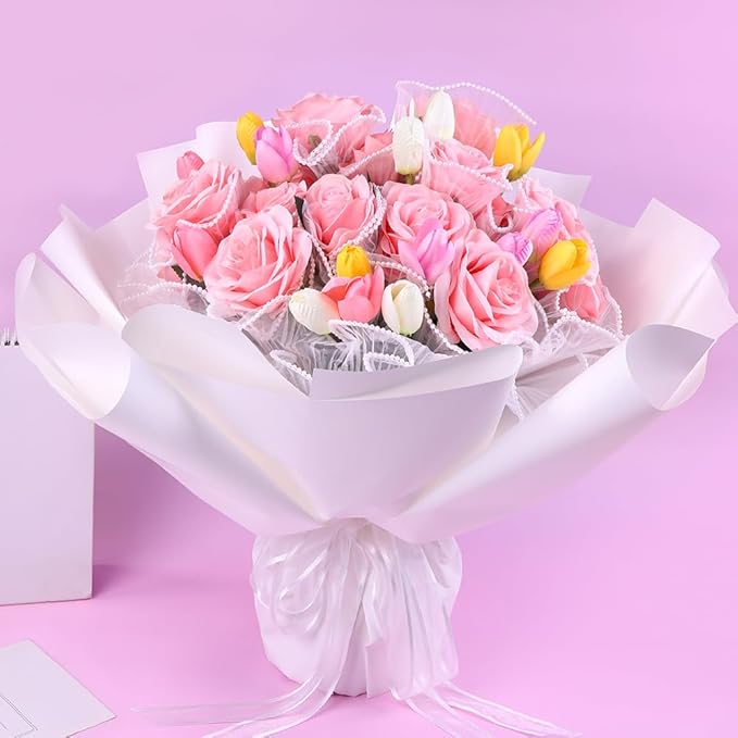 White Flower Wrapping Kit, 20 Sheet DIY Supplies, Bouquet Wrapping Paper, Mesh Paper, Wooden Sticks, Valentine's Day, Mother's Day, Graduation