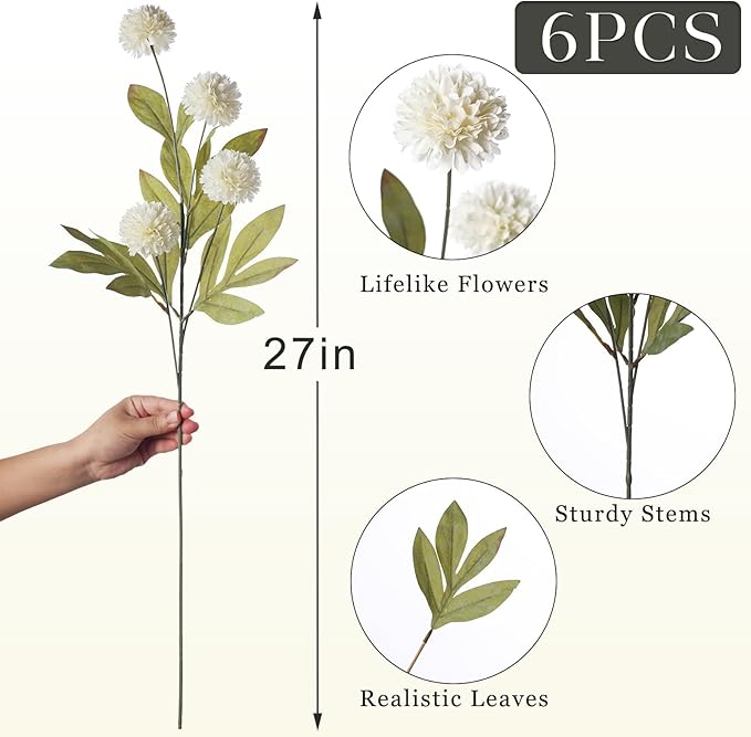 6 Pcs Faux Silk Pompon Mum Artificial Flowers for Vase -27", Bulk Fake Chrysanth Branches with Stems for DIY Bouquet Centerpieces Wedding Fillers Arrangements Shower Decorations (Cream)