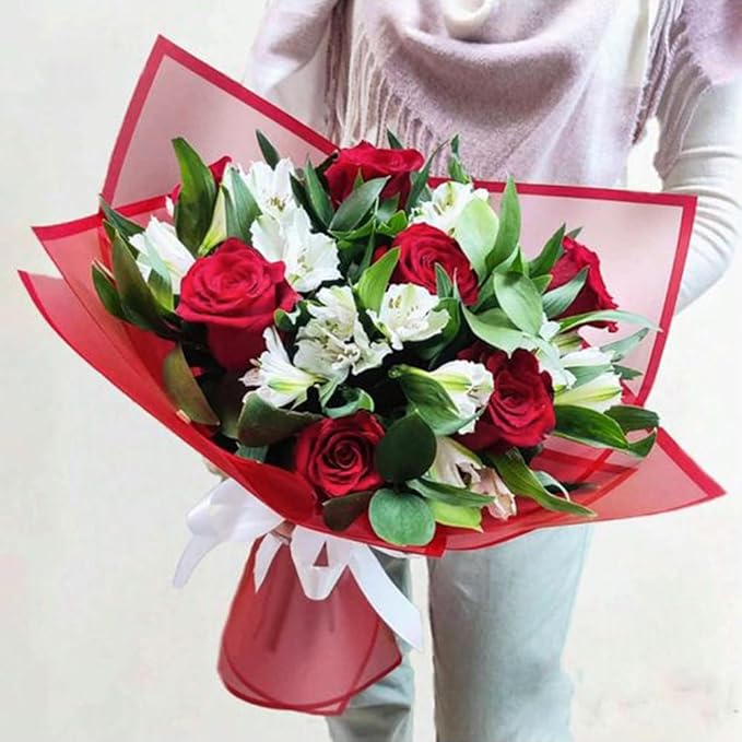 WRAPAHOLIC 20 Sheets Flower Wrapping Paper - 22.4 x 22.4 inch Red Border Water-Resistant Floral Bouquet Wrapping Paper, Florist Supplies Packaging Paper for Wedding Birthday Gift DIY