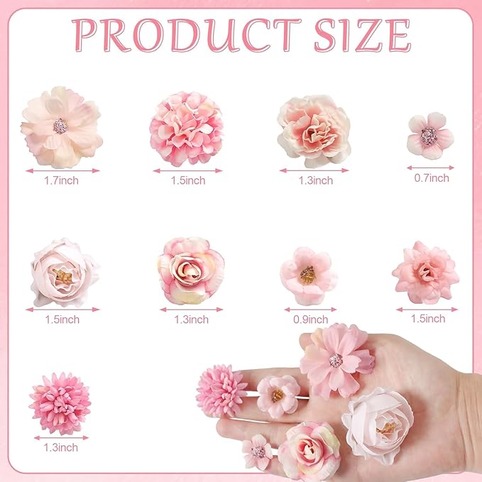 Faux Flower Heads Small Silk Artificial Flower DIY Fake Mini Flowers Rose Daisy Multicolor Flowers Craft Supplies for Wedding Party Wreath Graduation Season Party Home Decor (45, Pink)