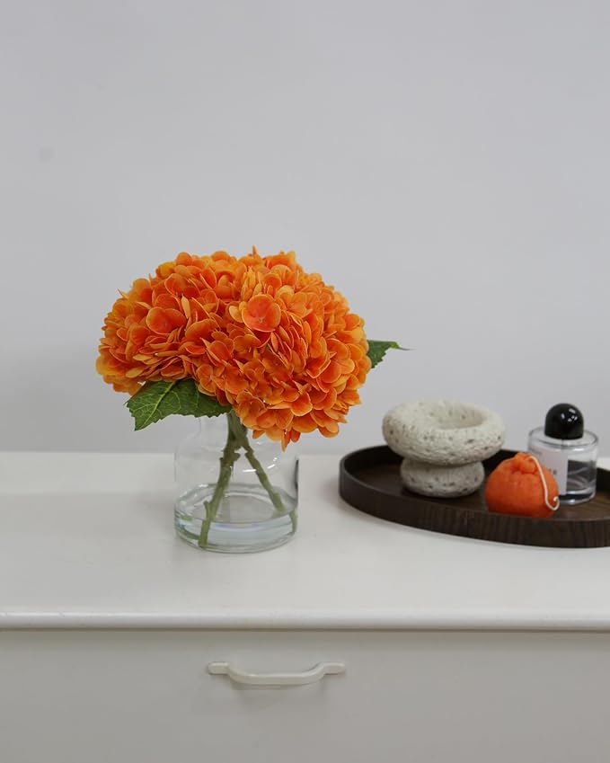 Lifelike Artificial Hydrangea Arrangement in Decorative Vase - Real Touch Fake Flowers for Home, Office, Bathroom or Water Bar Decor, Elegant Table Centerpiece (No Water Needed) (Orange)