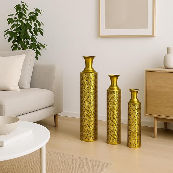 Leewadee Set of 3 Large Floor Vases – Decorative Tall Metal Vases in Gold (30/24/20 inches) – Elegant Home Decor for Stylish Interiors