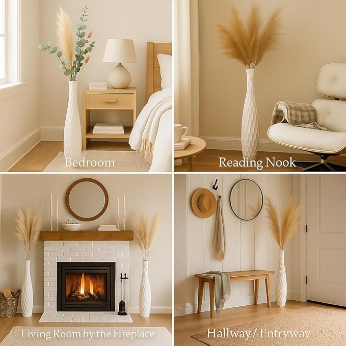 Leewadee Large White Home Decor Floor Vase - Wooden 34 inch Tall Farmhouse Decor Flower Holder for Fake Plant and Pampas Grass