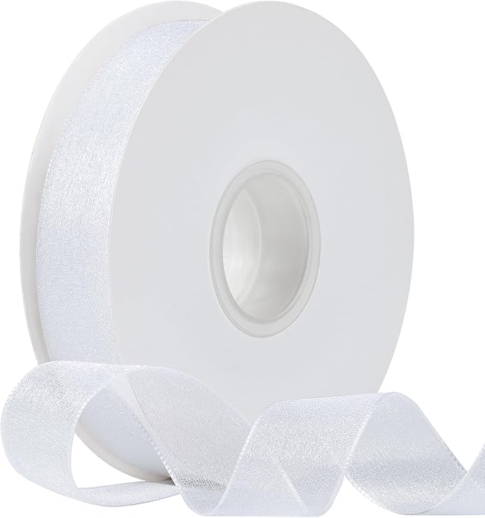 Sheer Organza Ribbon 1 Inch Chiffon Ribbons for Gift Wrapping, Flower Bouquet, 50 Yards/Roll (White)