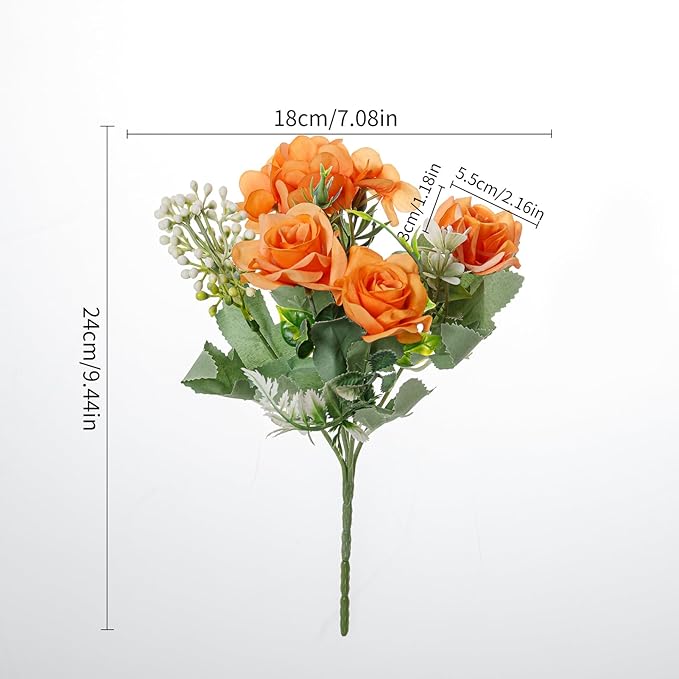 Artificial Flower 5 Branches Artificial Silk Fake Flowers Bouquet Small Roses for Wedding Home Office Tables Decor 2 Packs(Orange)