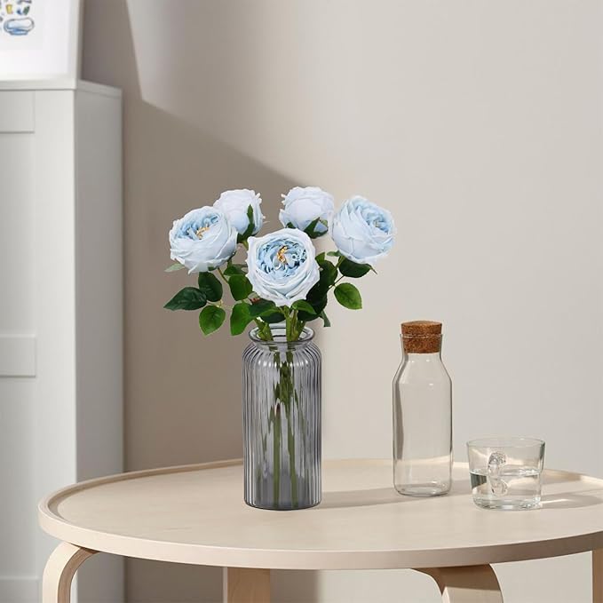 IPOPU Blue Roses Artificial Flowers 5PCS Real Touch Peonies Faux Austin Roses with Stems for Wedding Bouquet Party Home Decor (Blue)