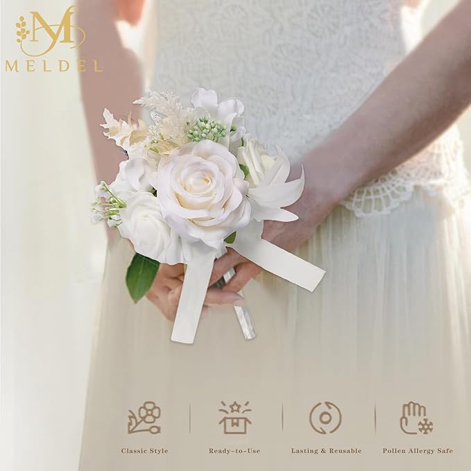 Meldel Set of 6 Wedding Flowers Fake Rose Mini Bridesmaid Bride Bouquets Ivory White Small Floral Wedding Centerpieces Decor Artificial Flower Arrangements for Tables Home Party Decorations