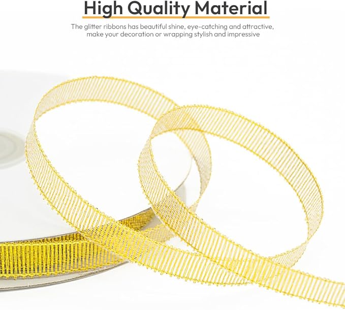 KMER LIFE 3/8 inch x 50 Yards Glitter Gold Ribbon, Sparkly Metallic Fabric Ribbons for Gifts Wrapping, Sewing, Party Decoration and DIY Crafts