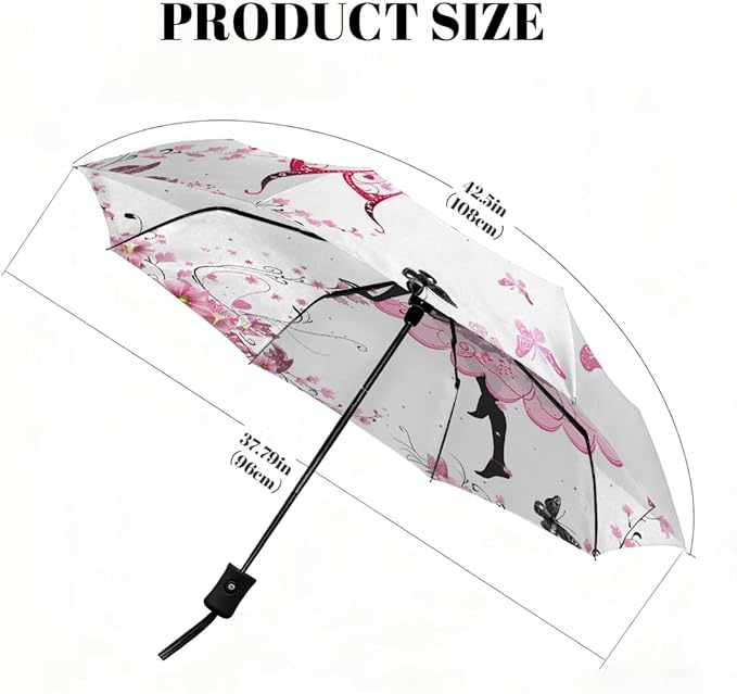 Windproof Travel Umbrella Pink Flower Butterfly Girls Compact Auto Open/Close Folding Umbrellas for Rain