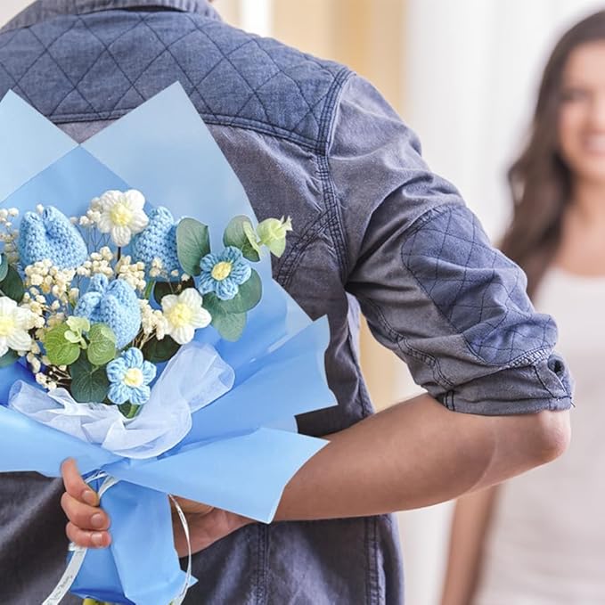 Crochet Flower Tulip Bouquet: Handmade Artificial Flower Knitted Sunflower Bouquet for Festival Wedding Graduation Anniversary (Blue)