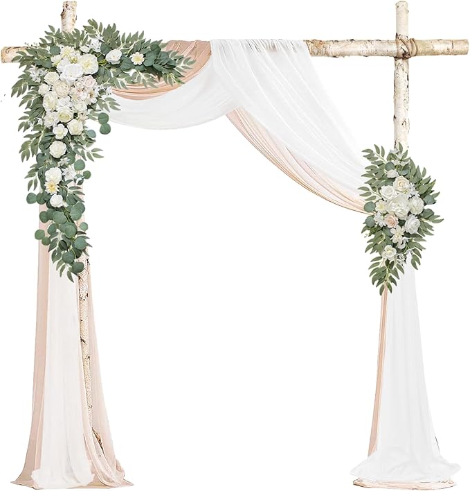 Faux Flowers Arch Flowers with Drapes (Set of 4) Wedding Decor and Wedding Arch Draping Artificial Flower Arrangements Decorations for Reception (White)