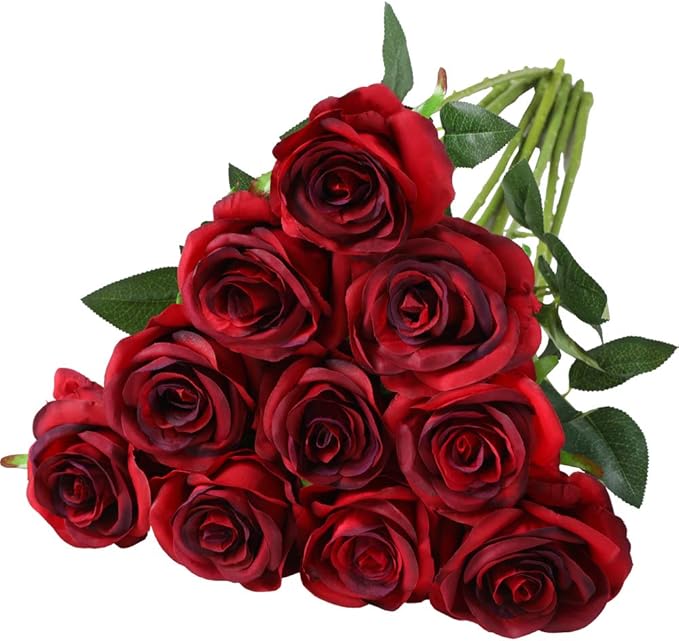 Nubry Artificial Silk Rose Flower Bouquet Lifelike Fake Rose for Wedding Home Party Decoration Event Gift 10pcs (Wine Red)