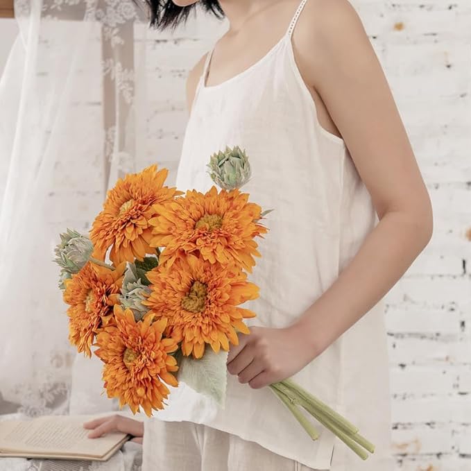 Kimura's Cabin 5Pcs Fake Sunflowers Flowers Long Stems Faux Sunflower Flowers Artificial Silk Bouquet for Wedding Autumn Home Garden Birthday Party Kitchen Table Decor (Orange Yellow)
