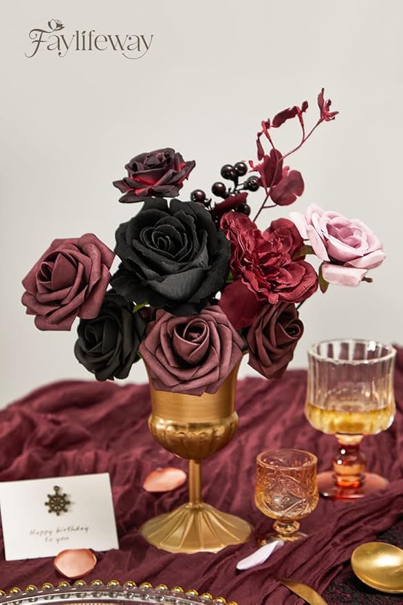 Artificial Flowers, Burgundy Silk Flowers for Centerpieces Decoration, Fake Cake Flowers for DIY Wedding Bridal Bouquets Home Party Floral Arrangement Decor