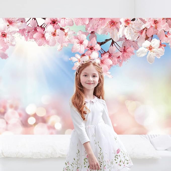 Renaiss 9x6ft Cherry Blossom Floral Backdrop Pink Flower Sunshine Bokeh Romantic Nature Scenery Photography Background for Wedding Bridal Shower Birthday Party Decor Photo Booth Props