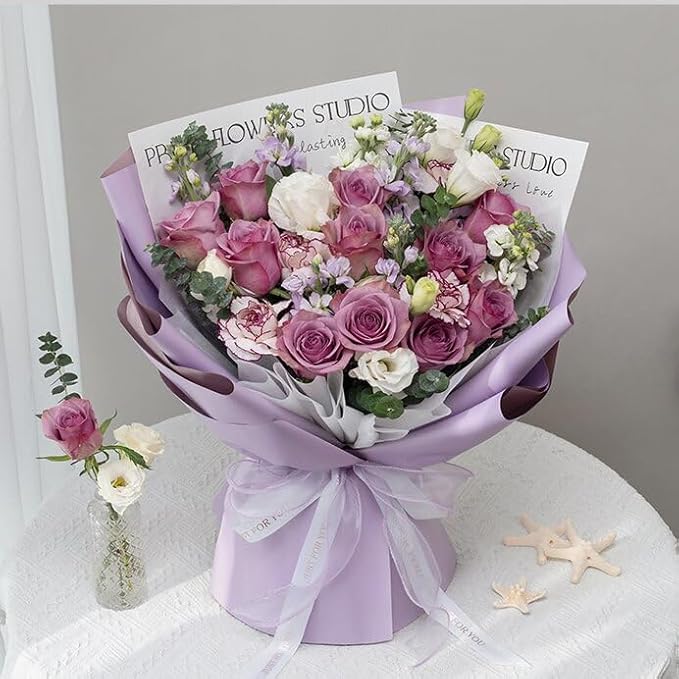 LeZakaa 20 Sheets Flower Wrapping Paper - Waterproof Reversible Floral Bouquet Paper - Purple Design for Valentine's Day, Mother's Day, Parties, Birthdays, Weddings, Baby Shower