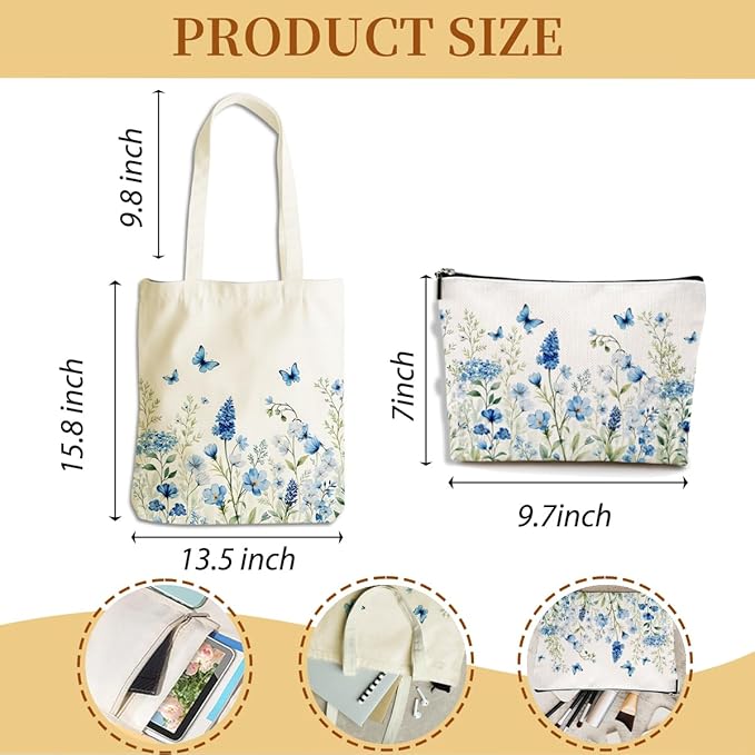 Flower Plant Lover Gifts for Women Canvas Tote Bag with Makeup Bag Cosmetic Bags Grocery Bags for Shopping Christmas