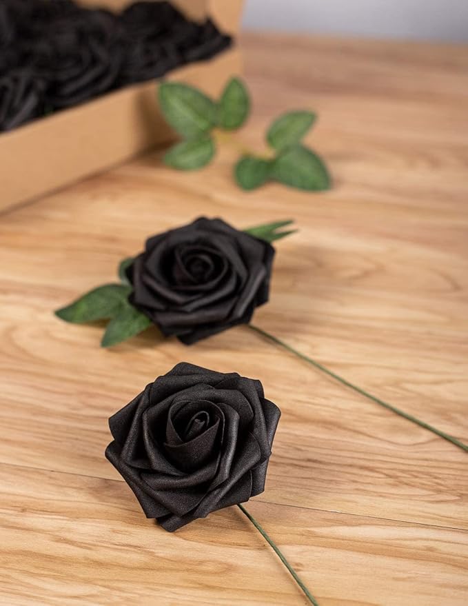 25pcs Artificial Flower Foam Rose Real Touch Roses Flower Heads with Stem for DIY Wedding Bouquets Centerpieces Arrangements Party Baby Shower Home Decor (Black)