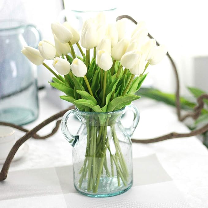 30pcs Artificial Tulips Flowers Real Touch Tulips Fake Holland PU Tulip Bouquet Latex Flower White Tulip for Wedding Party Office Home Kitchen Decoration (Milk White)
