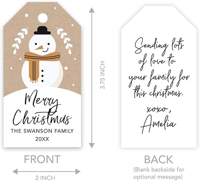 Andaz Press Personalized Christmas Holiday Season Classic Gift Tags, Merry Christmas Custom Family Name and Year, Kraft Brown Snowman with Scarf Design, Holiday Events, Parties, and Favors, 60-Pack