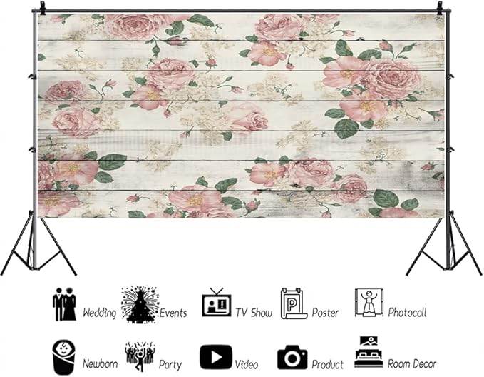 AOFOTO 15x8ft Vintage Wood Plank with Rose Floral Photography Backdrop Retro Pink Roses on Wooden Board Rustic Wedding Background Lady Woman Artistic Portrait Valentine's Day Photoshoot Studio Props