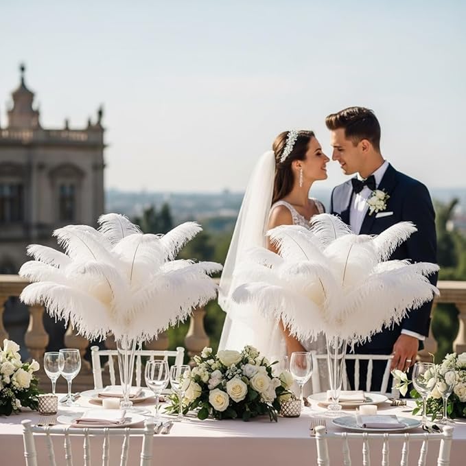 Lamar 100 Pcs White Ostrich Feathers 14-16'' 12-14'' 10-12'' 8-10'' Bulk for Wedding Centerpieces, Event Decor, Floral Arrangement, Home Decor (White)