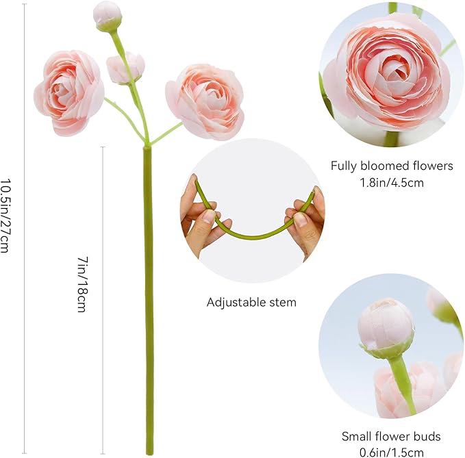 24 Pcs Ranunculus Artificial Flowers 10.5", Mini Faux Silk Ranunculus with Stem, Fake Flowers for Home Decor Indoor Wedding Bouquets Centerpieces (Blush Pink)