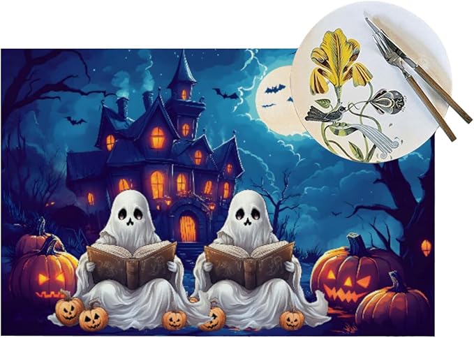 PVC Placemats Set of 4 Wipeable Table Mats Washable Heat Resistant Non Slip Vinyl Dining Table Mat for Kitchen Indoor Outdoor Patio Farmhouse Place Mats Halloween Pumpkin Ghosts Castle Decorative