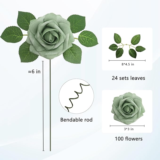JOYLEX 100PCS Elf Green Artificial Flowers Realistic Roses, Real Looking Fake Roses with Stem for DIY Wedding Bouquets Centerpieces Bridal Shower Party Home Romantic Decorations (Elf Green, 100pcs)