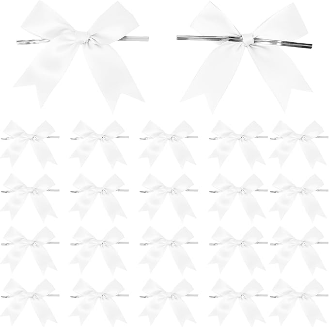 50 Counts White Twist Tie Bows 3.1" Pre-Tied Satin Ribbon Bow Decor Mini Twist Tie Bows for Gift Wrapping Treat Bags Cake Bridal Baby Shower Birthday Party Favors Wedding Decorations