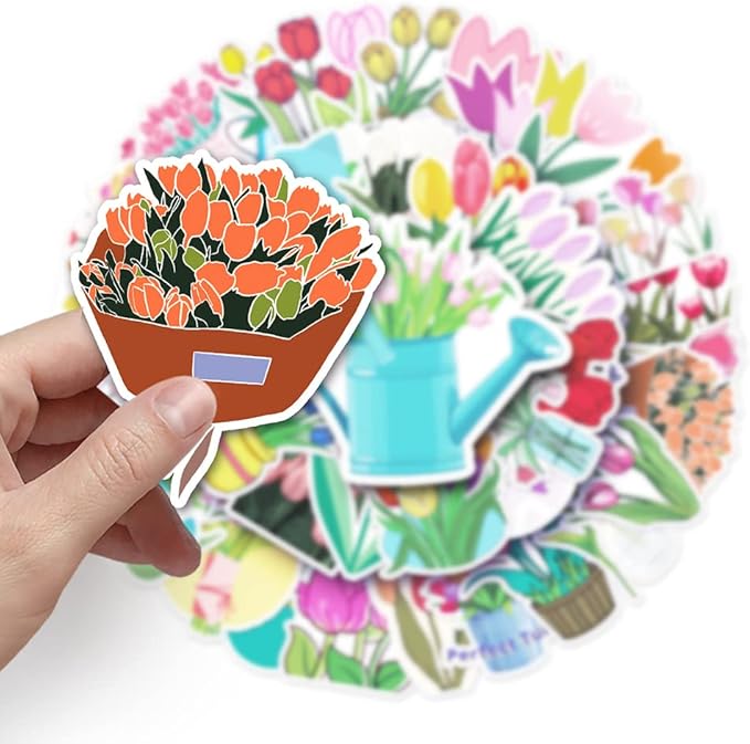 Tulips Vinyl Stickers for Teens Boy Girls Kids|50 Pcs|Trendy Cartoon Waterproof Stickers for Laptop Phone Tablet Luggage Flasks Water Bottle Notebook Scrapbook,Aesthetic Flowers Decals Pack(Tulips)