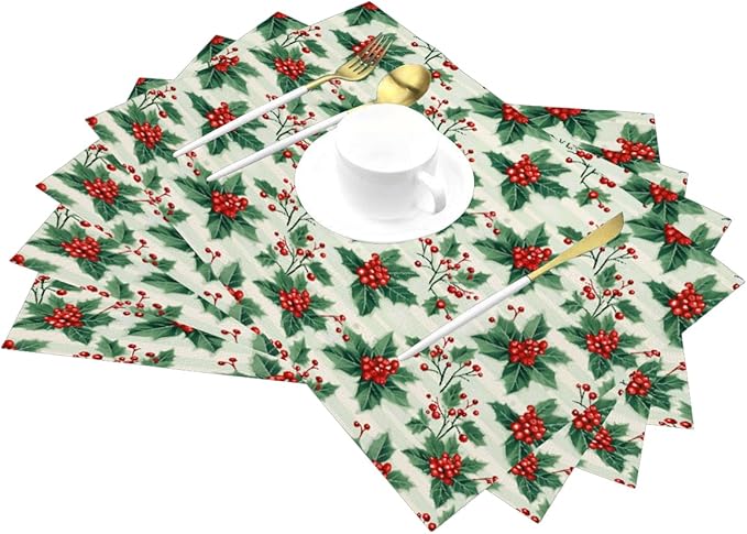 PVC Placemats Set of 6 Wipeable Table Mats Washable Heat Resistant Non Slip Vinyl Dining Table Mat for Kitchen Indoor Outdoor Patio Farmhouse Place Mats Christmas Red Berry Decorative