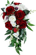 Wedding Bouquet for Bride, White and Wine Red Water Drop Bridal Bouquet Artificial Flowers Roses Cascading Wedding Bouquet for Ceremony Anniversary Party Bridal Shower Wedding Decoration