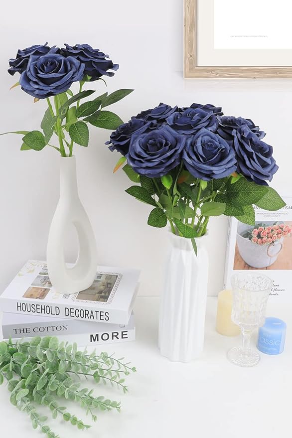 Artificial Rose Flower Navy Blue Flowers Navy Blue Roses Silk Flowers 50 pcs with Long Stem Silk Roses Bouquet for Wedding Bridal Shower Party Home Decoration