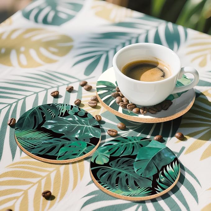 ANATTASOUL Coasters Set of 9 Tropical Leaves Pattern Colorful Wooden Coasters Bulk Round Housewarming Gift for New Home, 3.9" Decorative Coffee Table Protection for Farmhouse Bar House Decor