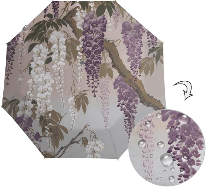 Windproof Travel Umbrella Wisteria Flower Floral Compact Auto Open/Close Folding Umbrellas for Rain