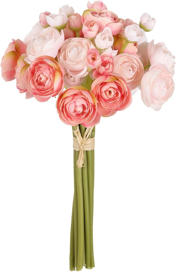 IPOPU Artificial Ranunculus Pink Silk Flowers with Stems 12PCS Mini Fake Flowers for DIY Wedding Bouquet Bridal Shower Decorations Floral Filler Flowers Centerpieces (Shade of Pink)