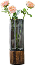 Artistic Wood Glass Vase, 12" H, Large Wooden Base Cylindrical Flower Vase, Classic Boho Rustic Style for Fireplace Bedroom Kitchen Living Room Centerpieces Office Desk