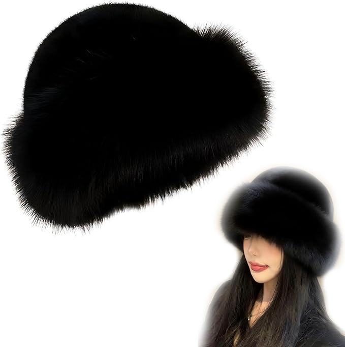 Faux Fur Bucket Hat, Winter Plush Fluffy Furry Mink Hats, Warm Thickened Fisherman Cap, Warm and Cute, Versatile for Winter - Black