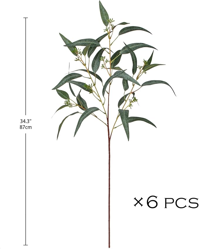 Faux Eucalyptus Stems Willow Eucalyptus Leaves 34” Long Fake Salix Leaves 6 Pcs Artificial Greenery Stems for DIY Bouquet Arrangements Centerpieces Shower Decorations-Artificial Eucalyptus Stems-Green