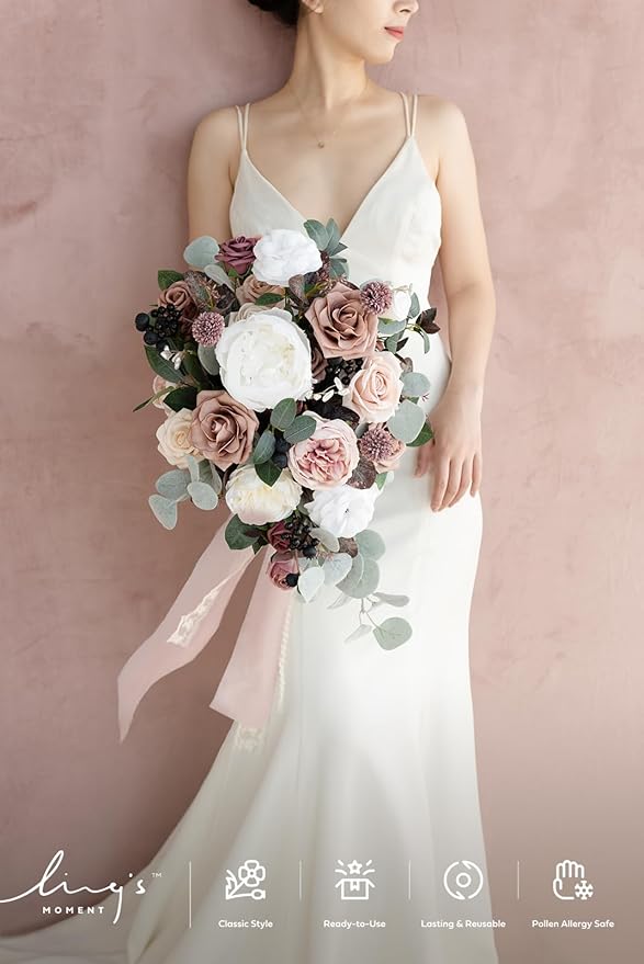 Ling's moment Pink Wedding Bouquets for Bride, Dusty Rose and Mauve Bridal Bouquets for Bride, 15 Inch Free Form Artificial Wedding Flowers Bouquets