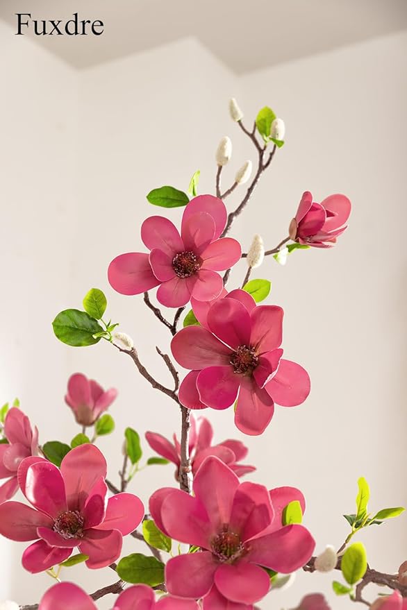 Faux Magnolia Tree 6.8 ft - with 57 Pcs Fuchsia Flowers - Tall Artificial Plants Indoor, Large Fake Plant Perfect Potted Magnolia Flower Decor for Living Room, Stairs, Shop, Porch, Study Room