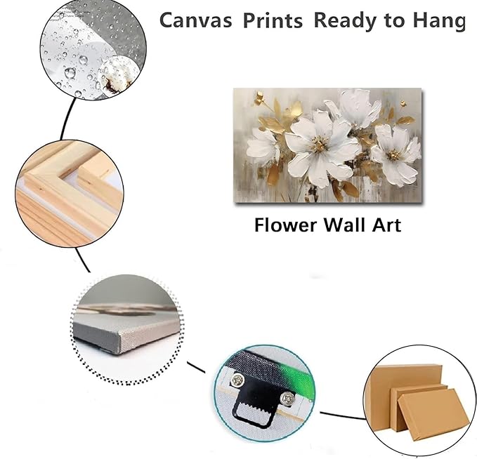 Flower Pictures Wall Decor Framed Abstract White Flower Oil Painting on Canvas Wall Art Modern Abstract Blooming Floral Minimalist Wall Decor Print for Office Living Room Kitchen Decor 16x24 inch