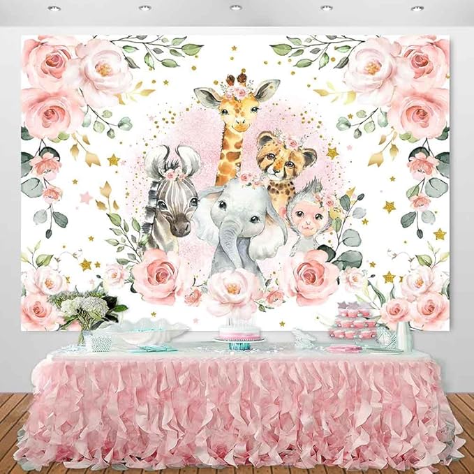 Sensfun Jungle Safari Baby Shower Backdrop It's A Girl Pink Floral Zoo Animals Baby Shower Party Decorations Wild One Birthday Photography Background Cake Table Banner Supplies (8x6ft)
