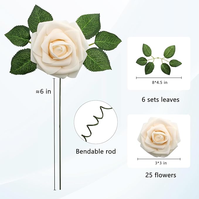 JOYLEX Artificial Flowers Realistic Roses, 25pcs Real Looking Fake Roses with Stem for DIY Wedding Bouquets Centerpieces Bridal Shower Party Home Romantic Decorations (Champagne)