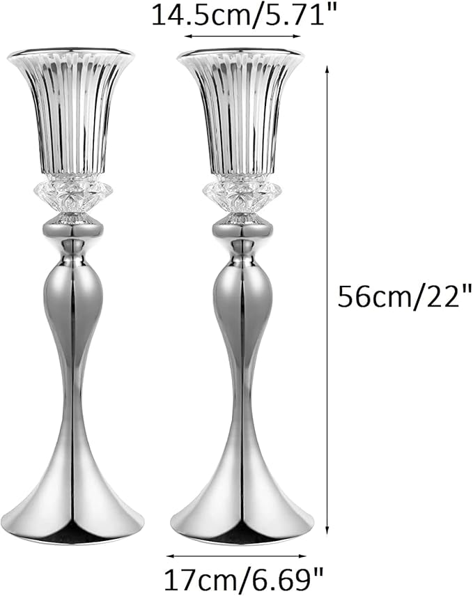 LANLONG Silver Metal Trumpet Vase, 22in Wedding Reception Centerpiece, 2Pcs Set, with Crystal Bead for Home Decor