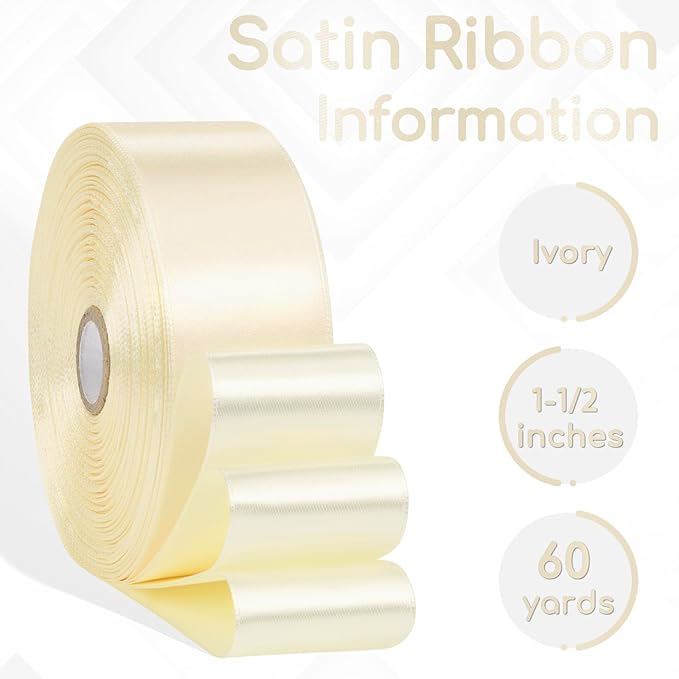 Ivory Satin Ribbon 1-1/2 Inch 60 Yards, Cream Solid Polyester Fabric Ribbons for Eternal Flower Bouquet, Gift Wrapping, Nursery Party, Crafts and Wedding
