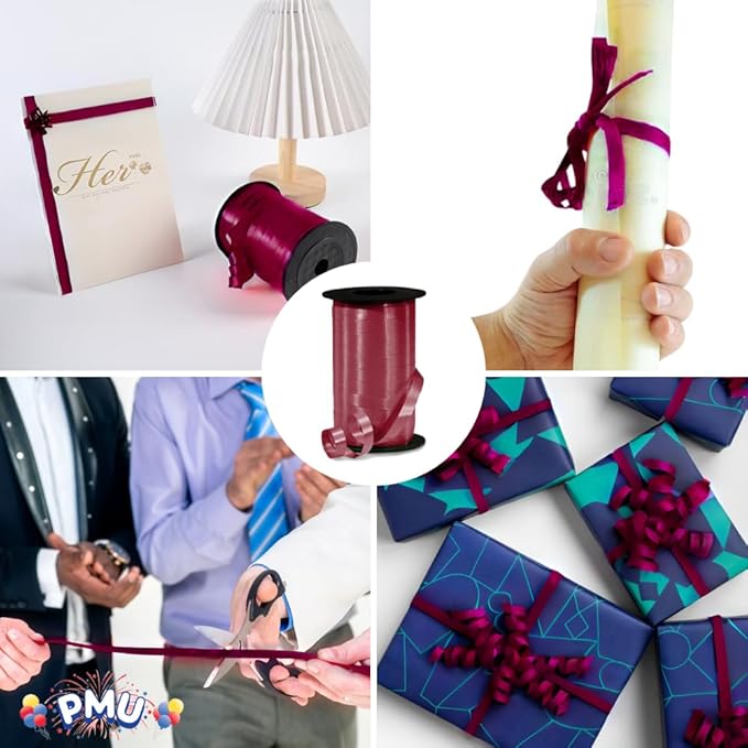 PMU Curling Ribbon - Crimped Texture Curling Ribbons for Gift Box, Birthday Party Decorations, Festival Art Craft & Christmas Décor - Burgundy Marsala 3/8 Inch X 250 Yards, Pkg/1