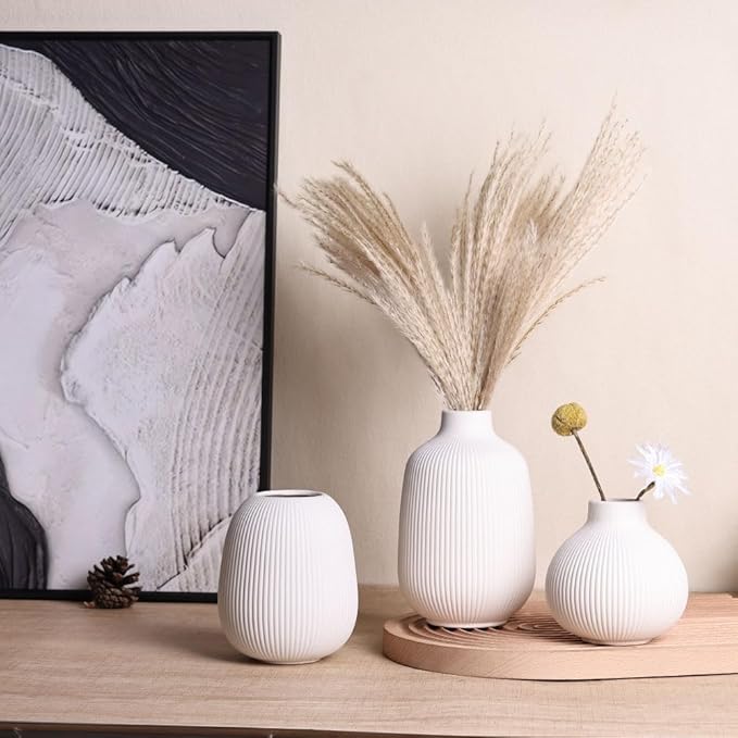 White Ceramic Vase Set of 3, Minimalist Decor, Home Decorative Vase,Modern Ribbed Vases, Vases for Kitchen, Bedroom, Office, Living Room, Bathroom, & Shelf Centerpiece Table Decorations