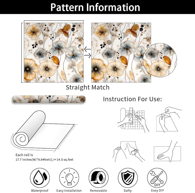 Watercolor Floral Peel and Stick Wallpaper Amber and Blue Leaf Gold Self Adhesive Removable Floral Wall Paper Renter Friendly Contact Paper for Bedroom Bathroom Walls Shelf Liner 17.71"X236.2"